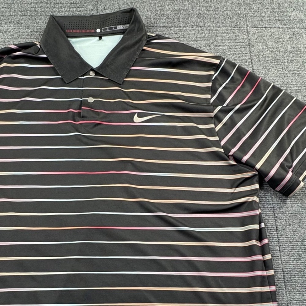 Nike Tiger Woods Collection Mens Large Black Striped Dri-FIT Golf Polo Shirt